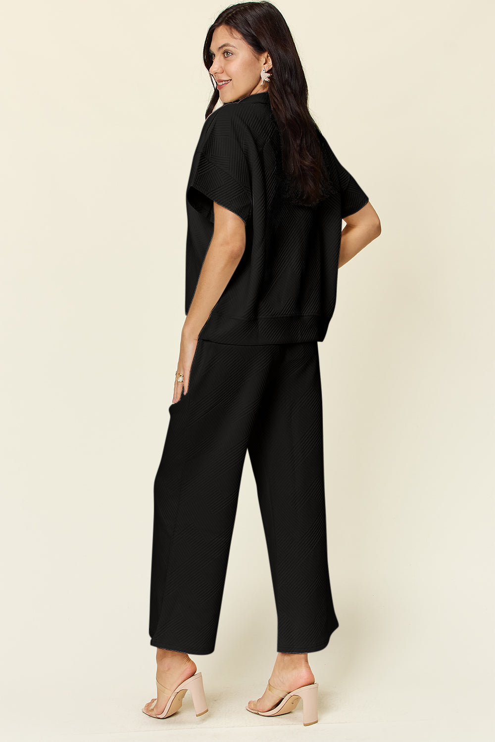 Full Size Texture Half Zip Short Sleeve Top and Pants Set