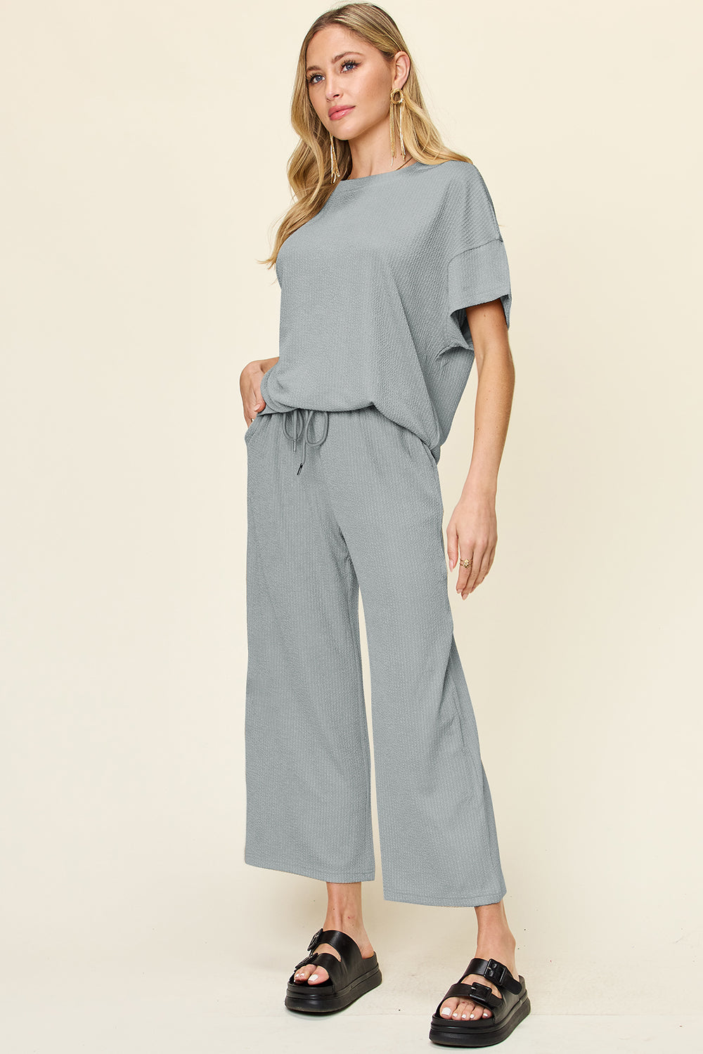 Full Size Texture Round Neck Short Sleeve T-Shirt and Wide Leg Pants