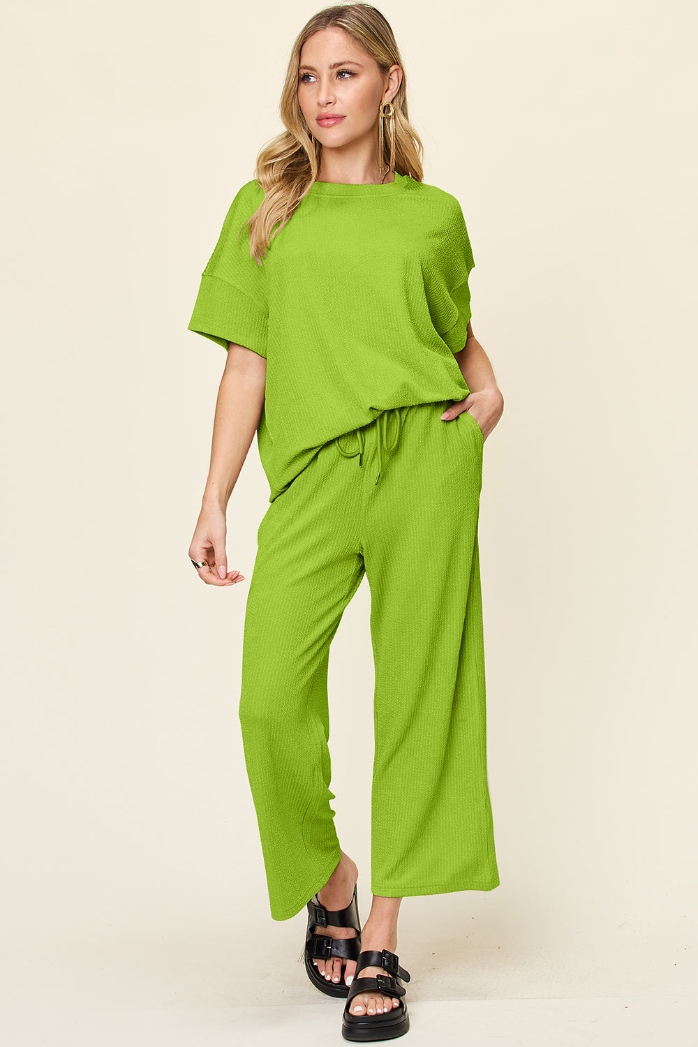 Full Size Texture Round Neck Short Sleeve T-Shirt and Wide Leg Pants