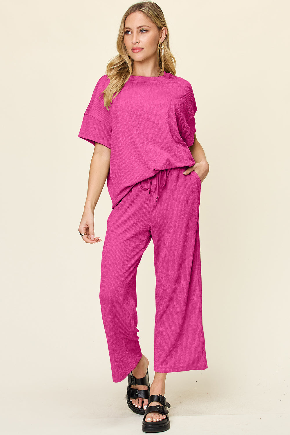 Full Size Texture Round Neck Short Sleeve T-Shirt and Wide Leg Pants