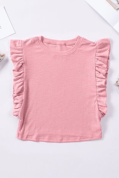 Blusa de manga casquillo con cuello redondo y volantes de tamaño completo