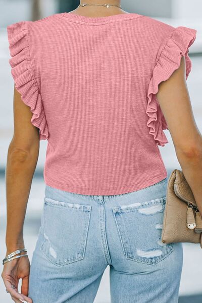 Blusa de manga casquillo con cuello redondo y volantes de tamaño completo