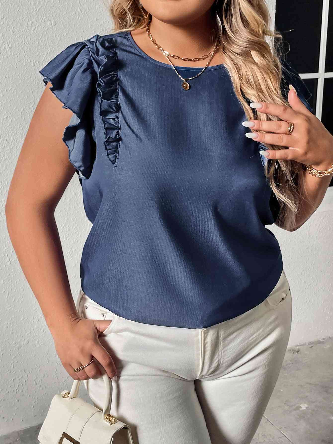 Blouse à Col Rond et Manches Volantes de Grande Taille