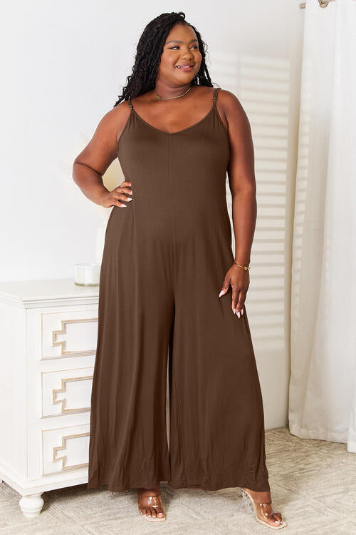 Full Size Soft Rayon Spaghetti Strap Tied Wide Leg Jumpsuit