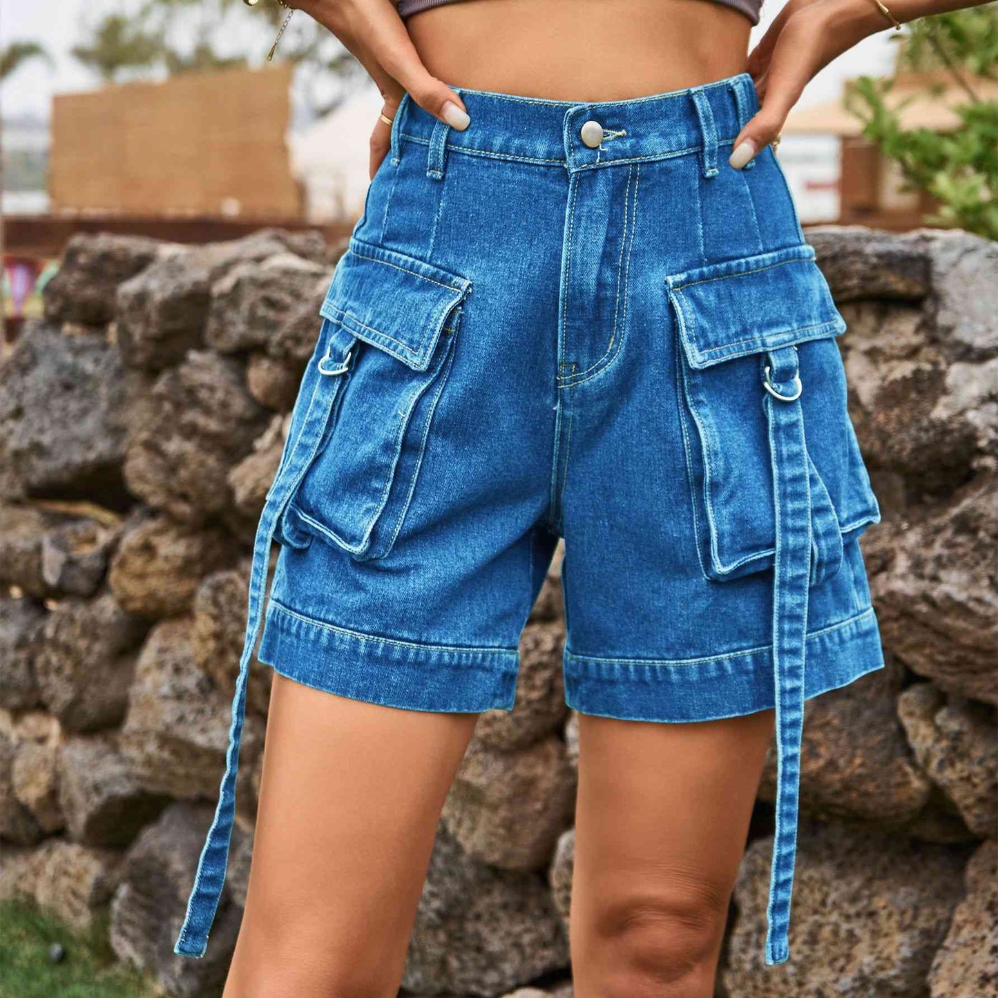 Short cargo en jean taille haute