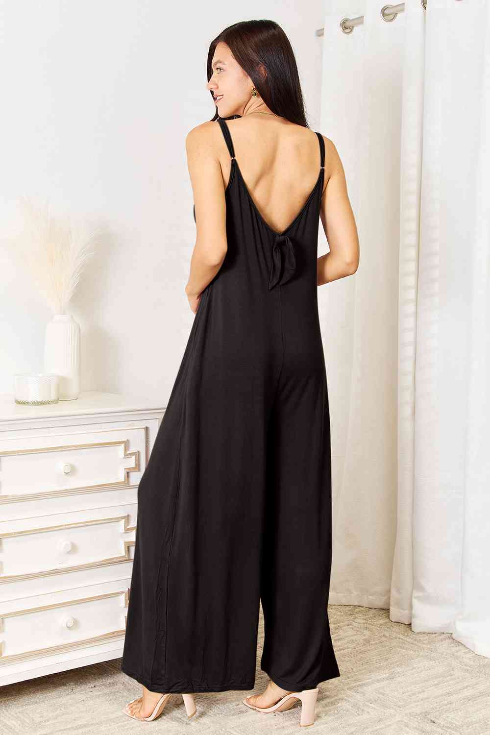 Full Size Soft Rayon Spaghetti Strap Tied Wide Leg Jumpsuit