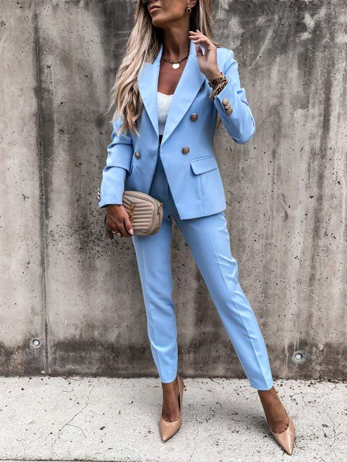 Lapel Collar Long Sleeve Blazer and Pants Set