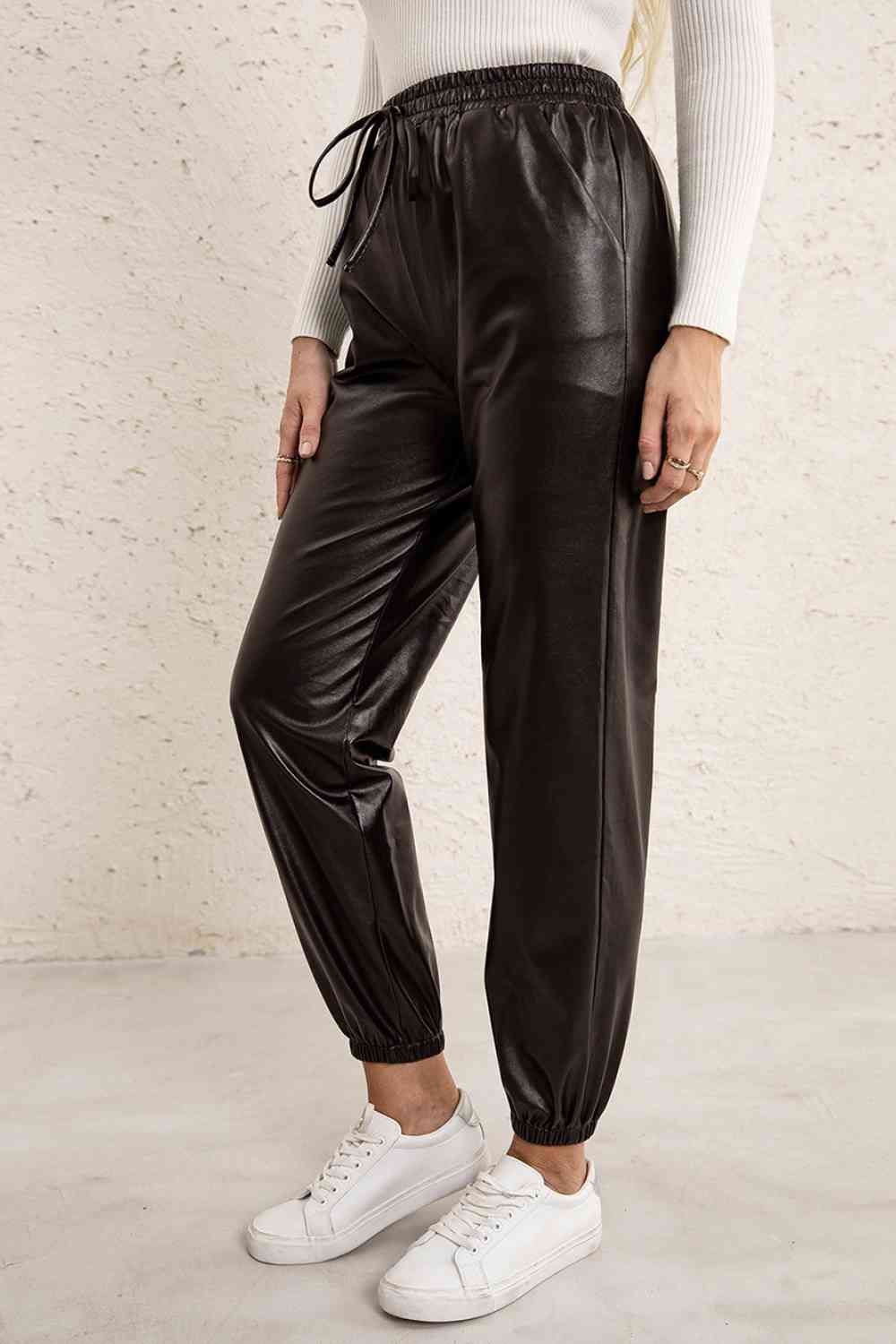 Pantalon de jogging en cuir PU à taille élastique