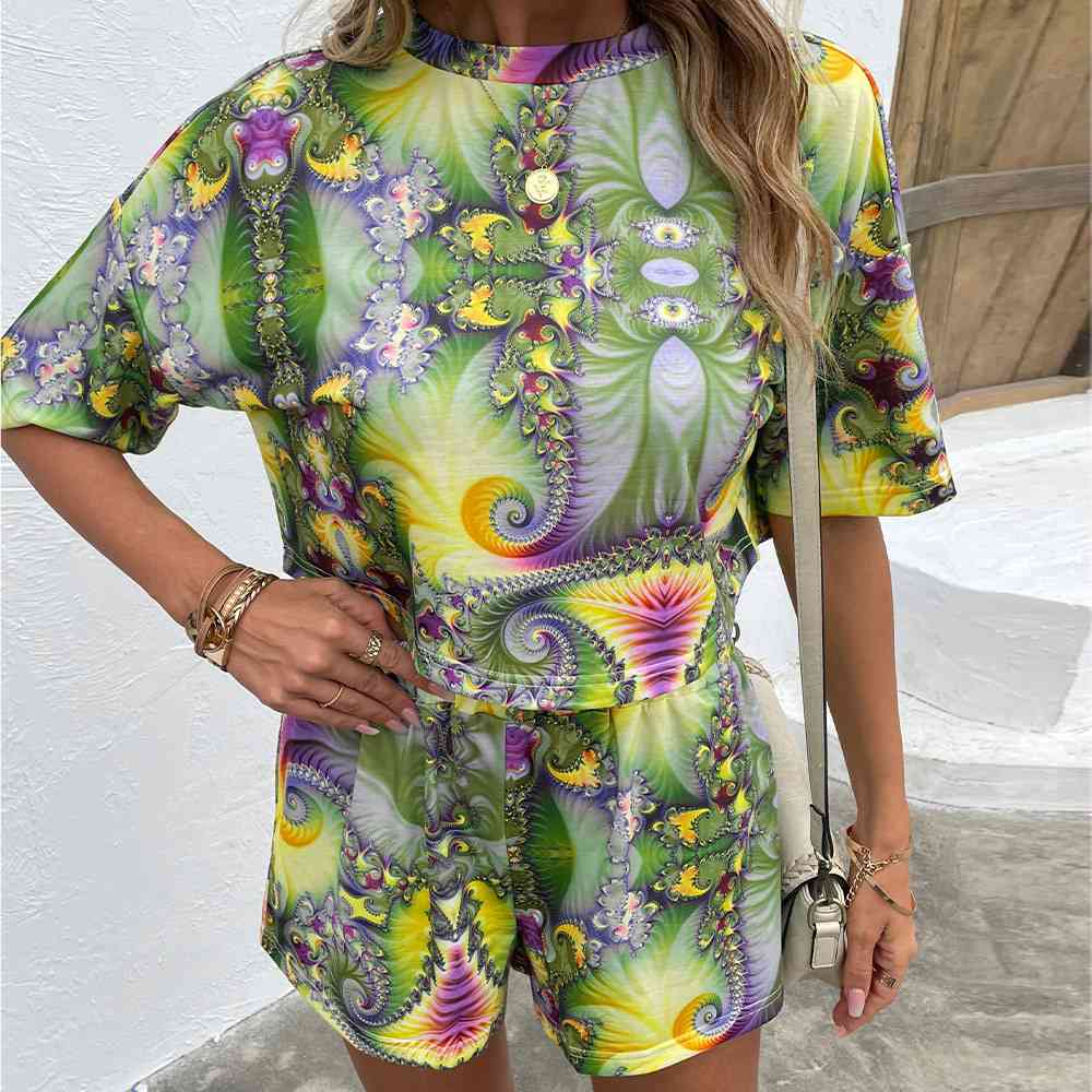 Printed Round Neck Dropped Shoulder Half Sleeve Top and Shorts Set