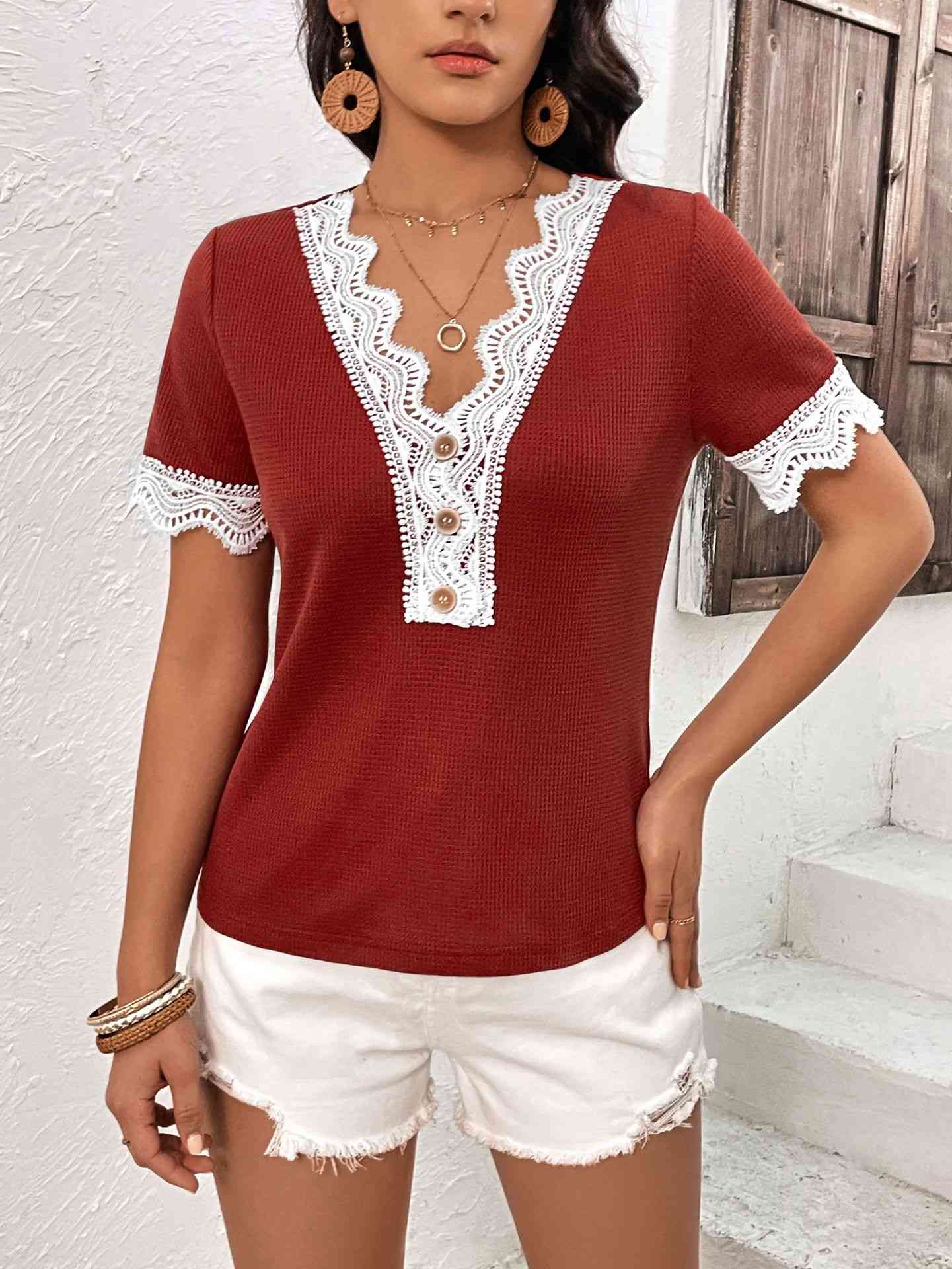 Decorative Button Spliced Lace Short Sleeve Top