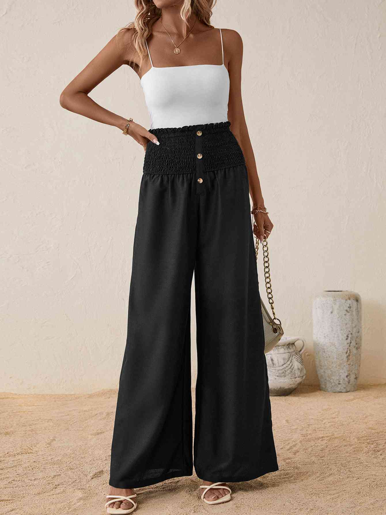 Pantalon Long Coupe Relax Boutonné à Taille Haute Smockée