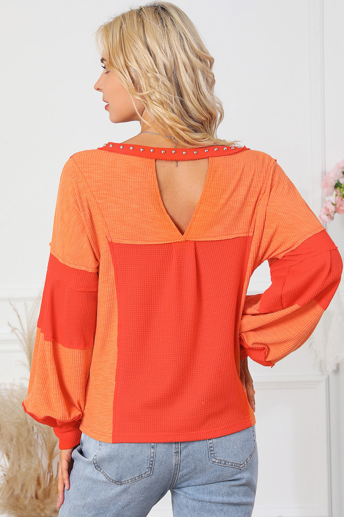 Color Block V-Neck Top Orange