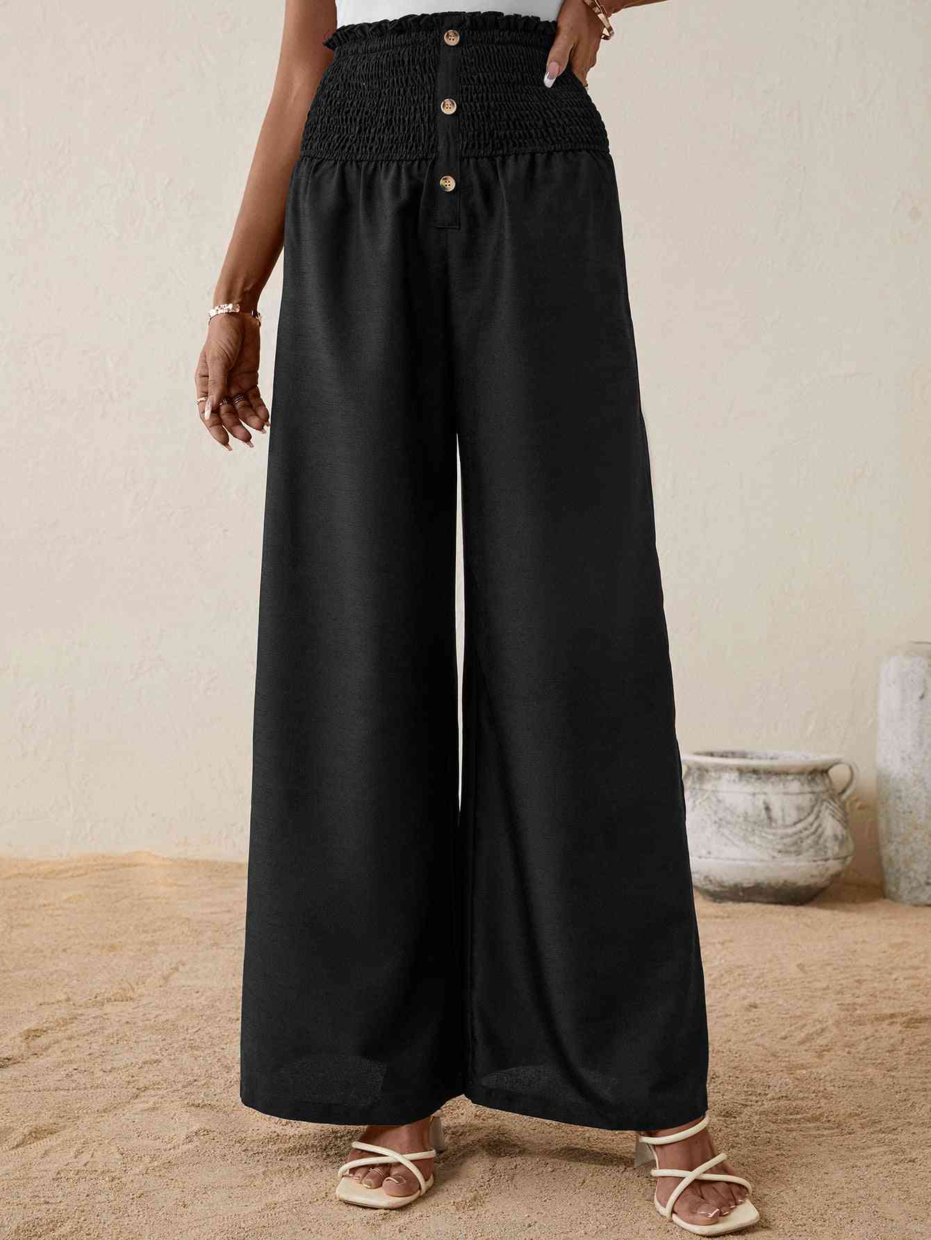 Pantalon Long Coupe Relax Boutonné à Taille Haute Smockée