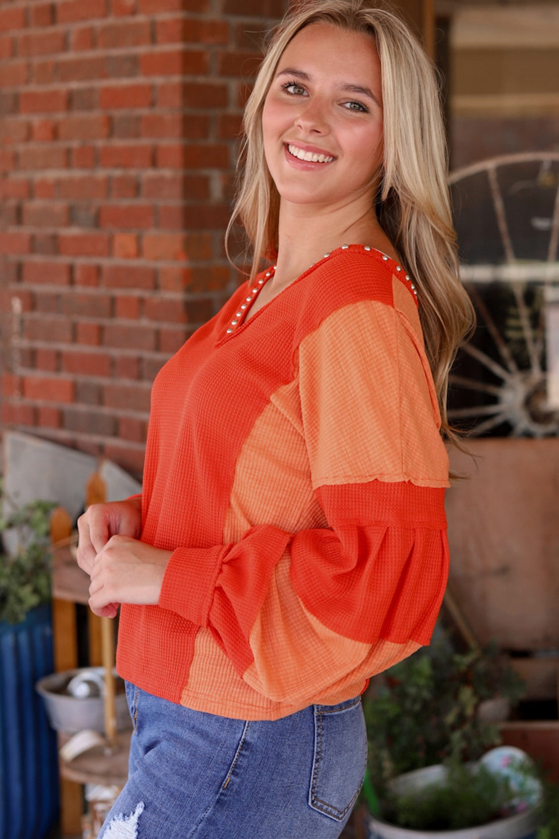 Color Block V-Neck Top Orange