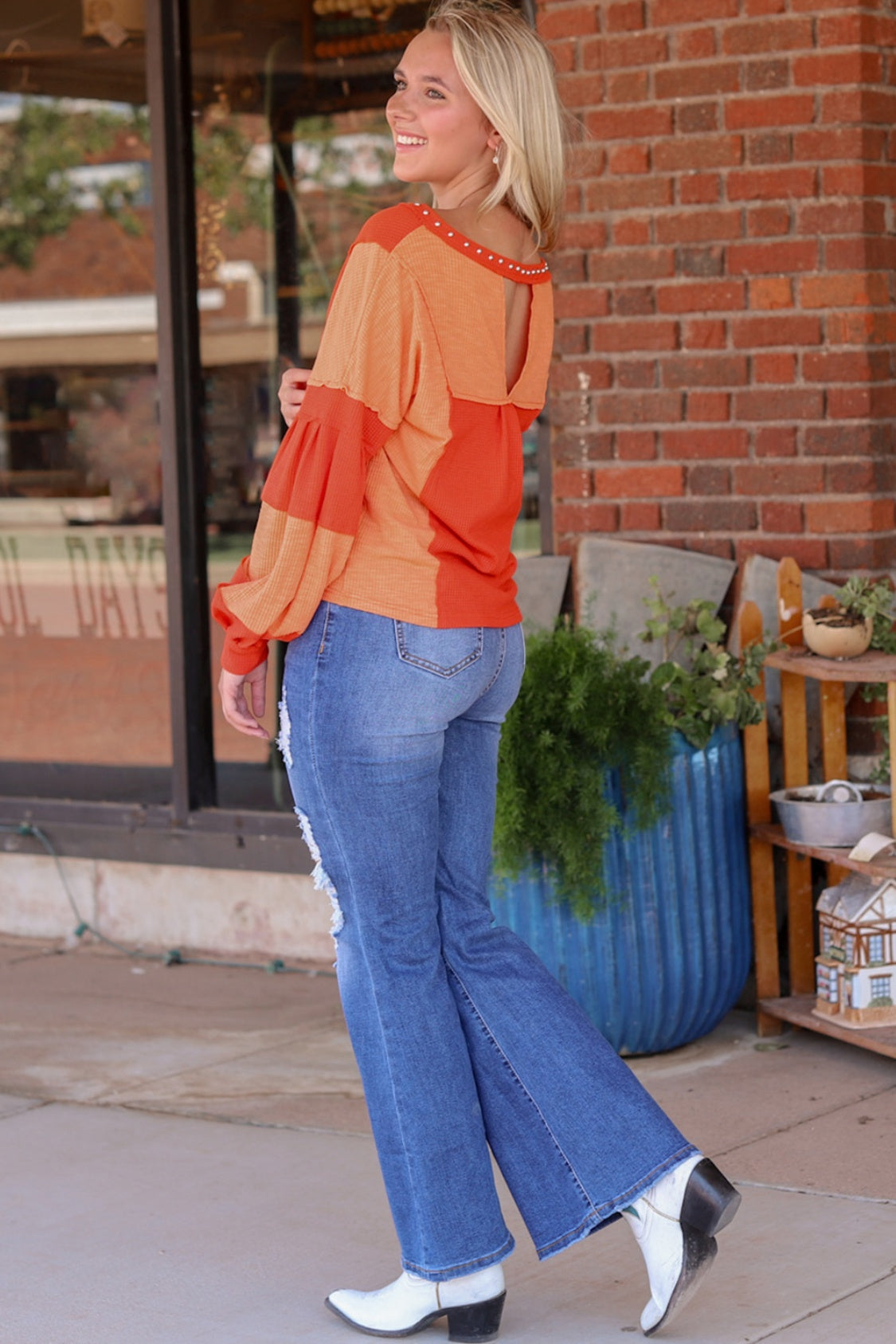 Color Block V-Neck Top Orange