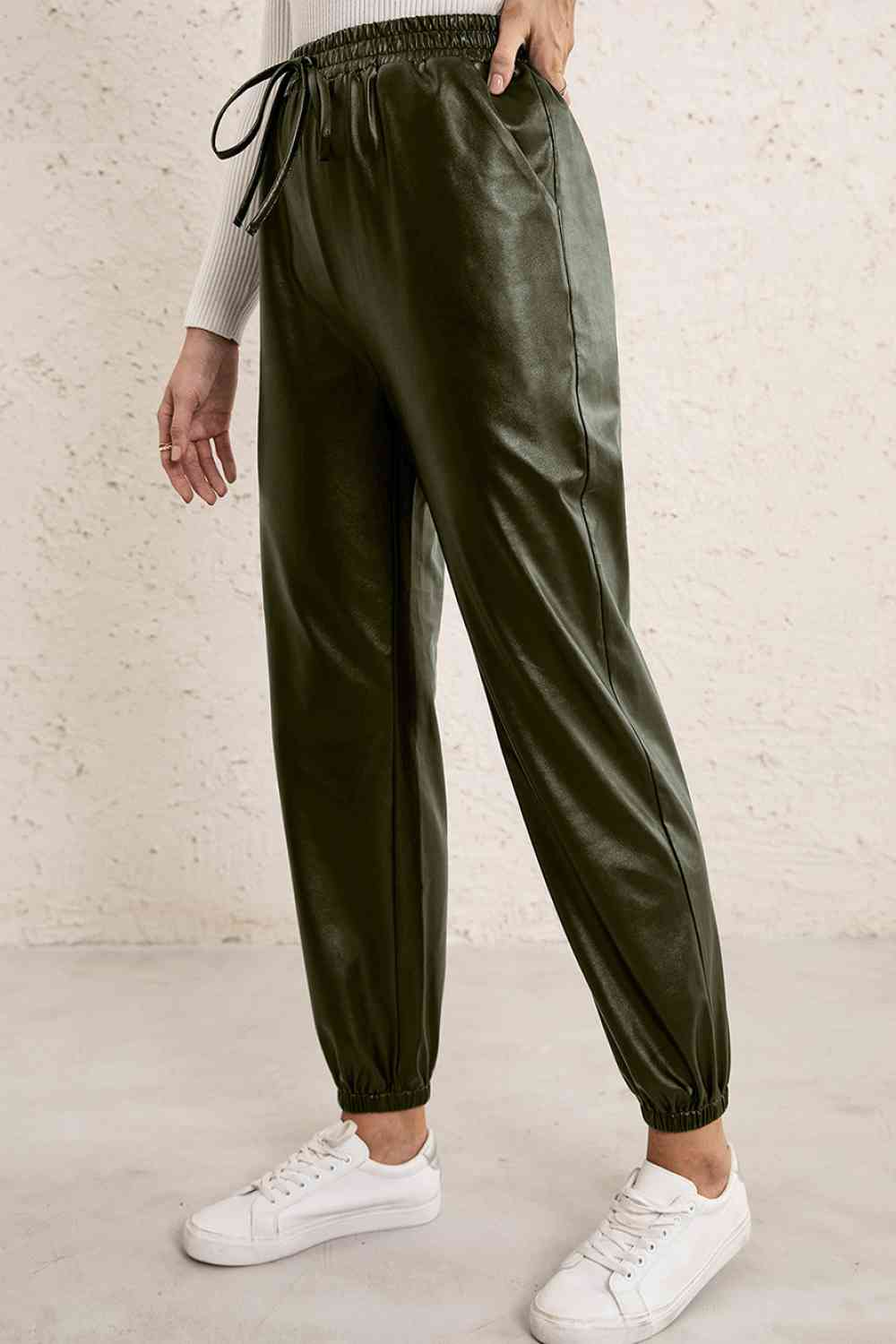 Pantalon de jogging en cuir PU à taille élastique