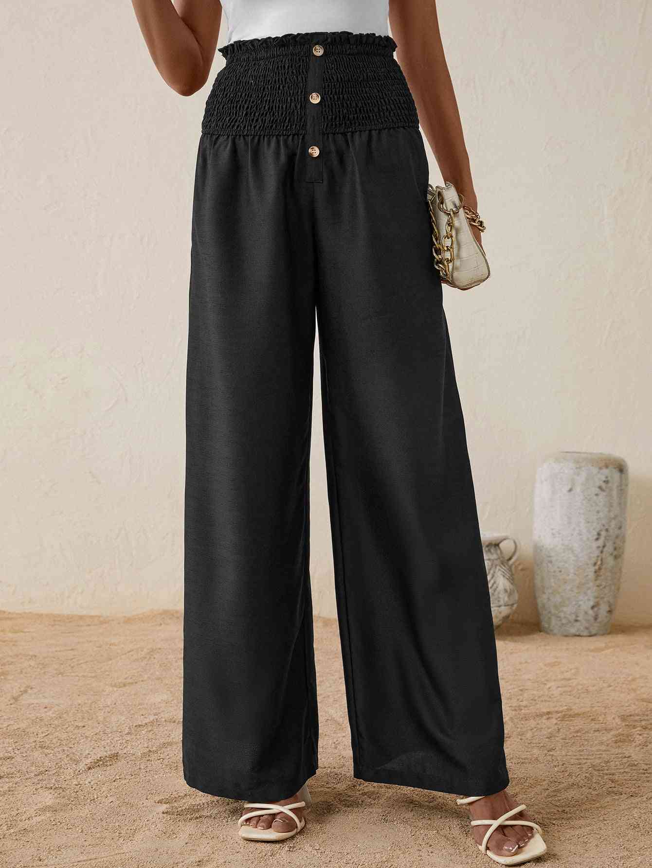 Pantalon Long Coupe Relax Boutonné à Taille Haute Smockée