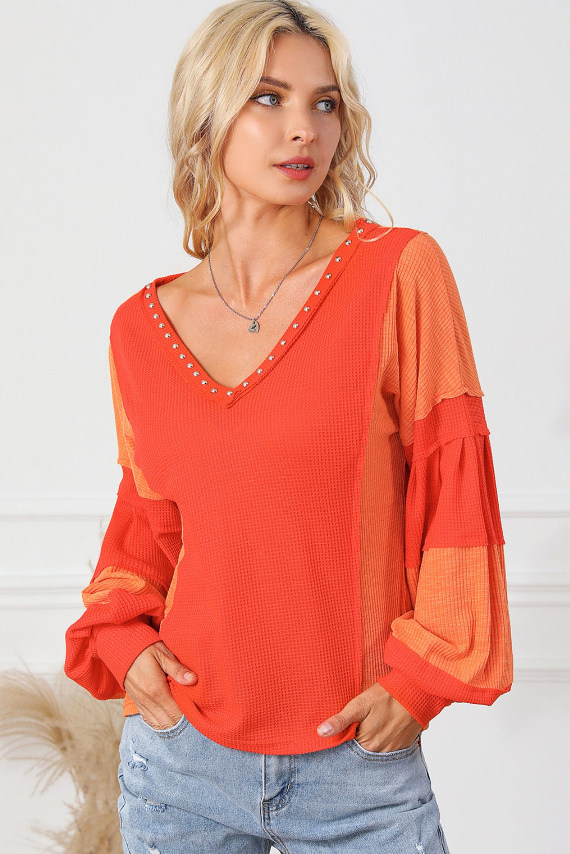 Color Block V-Neck Top Orange