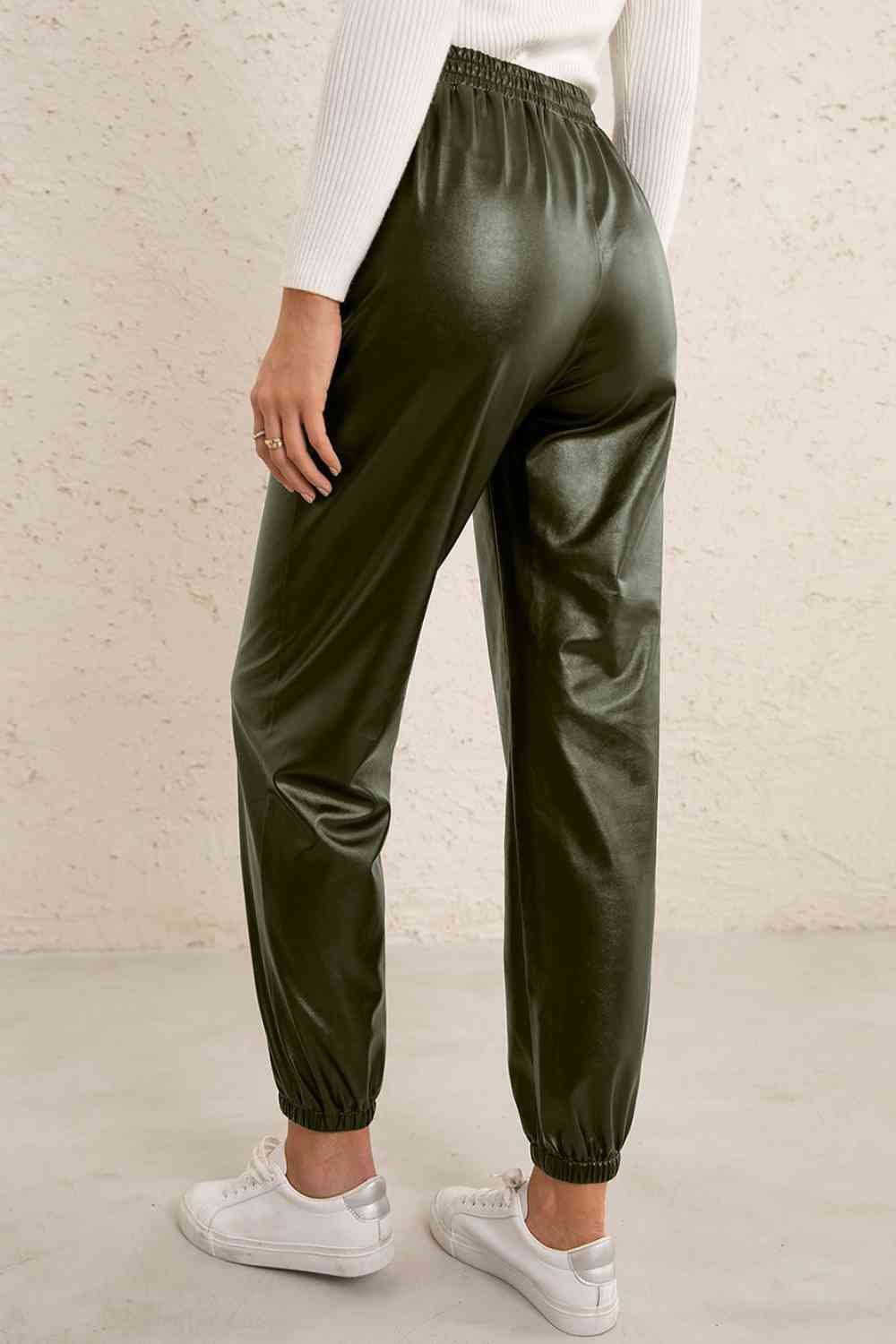 Pantalon de jogging en cuir PU à taille élastique