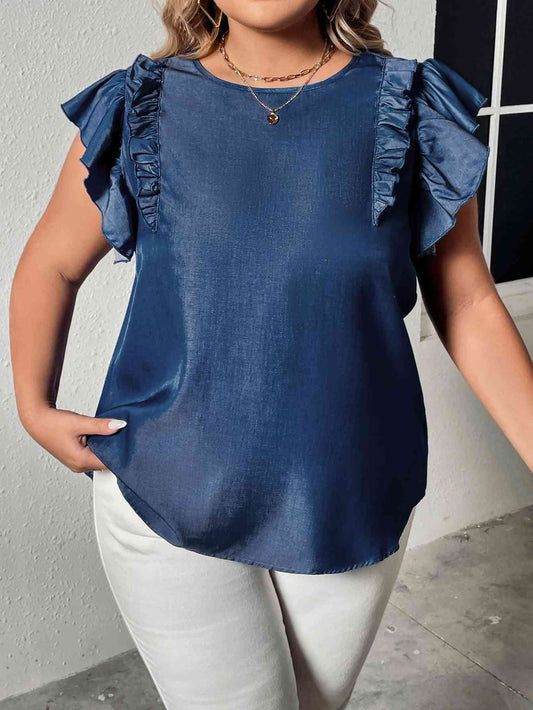 Blusa con ribete de volante y manga con volante y cuello redondo de talla grande