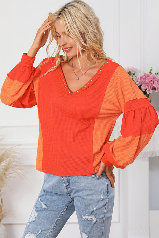 Color Block V-Neck Top Orange