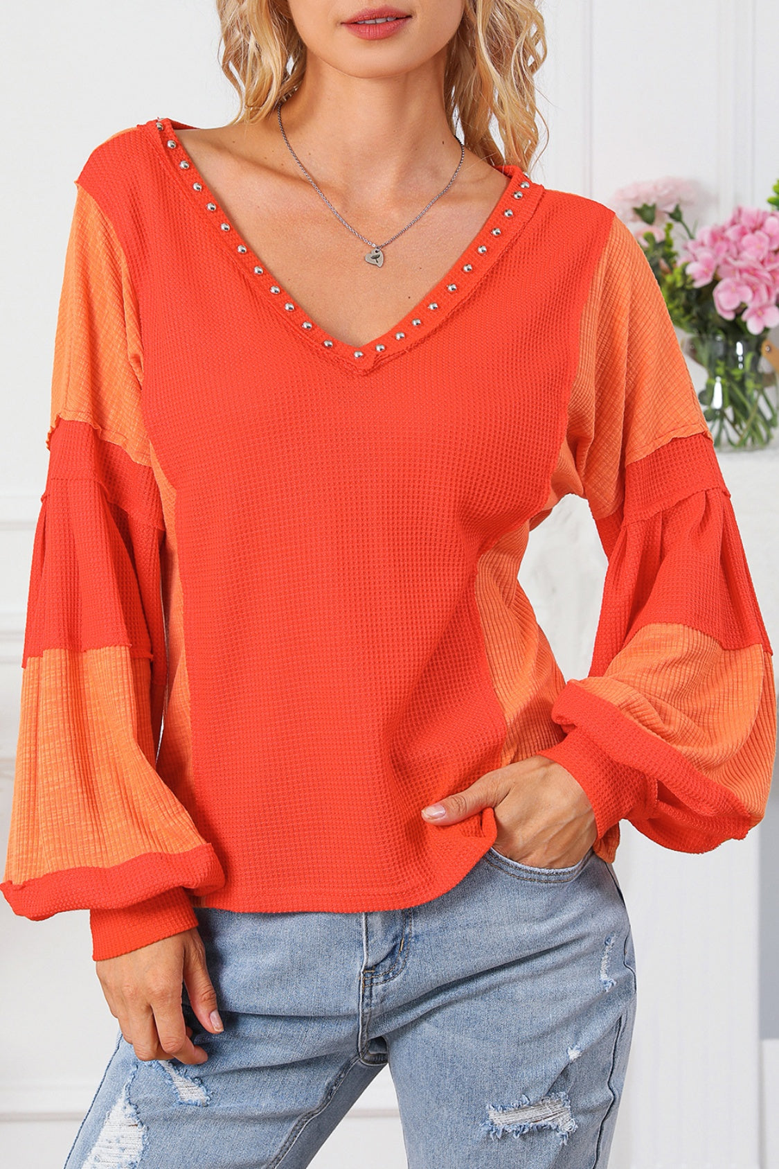 Color Block V-Neck Top Orange