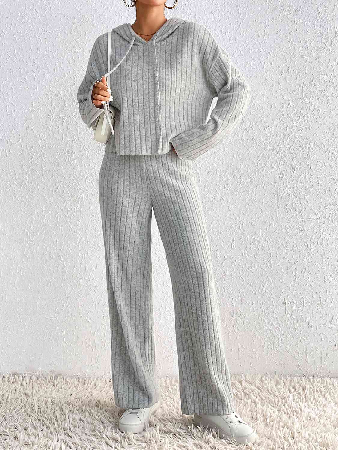 Drawstring Ribbed Hoodie and Straight Leg Pants Set