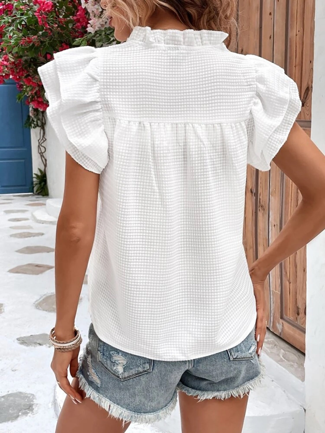 Ruffled Notched Cap Sleeve Blouse