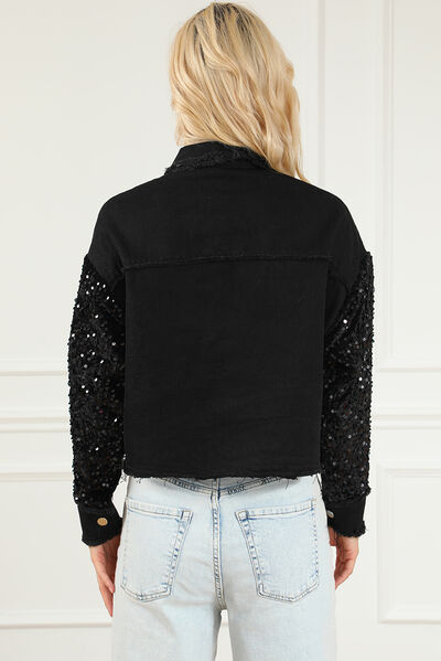 Veste en jean boutonnée à paillettes et ourlet brut