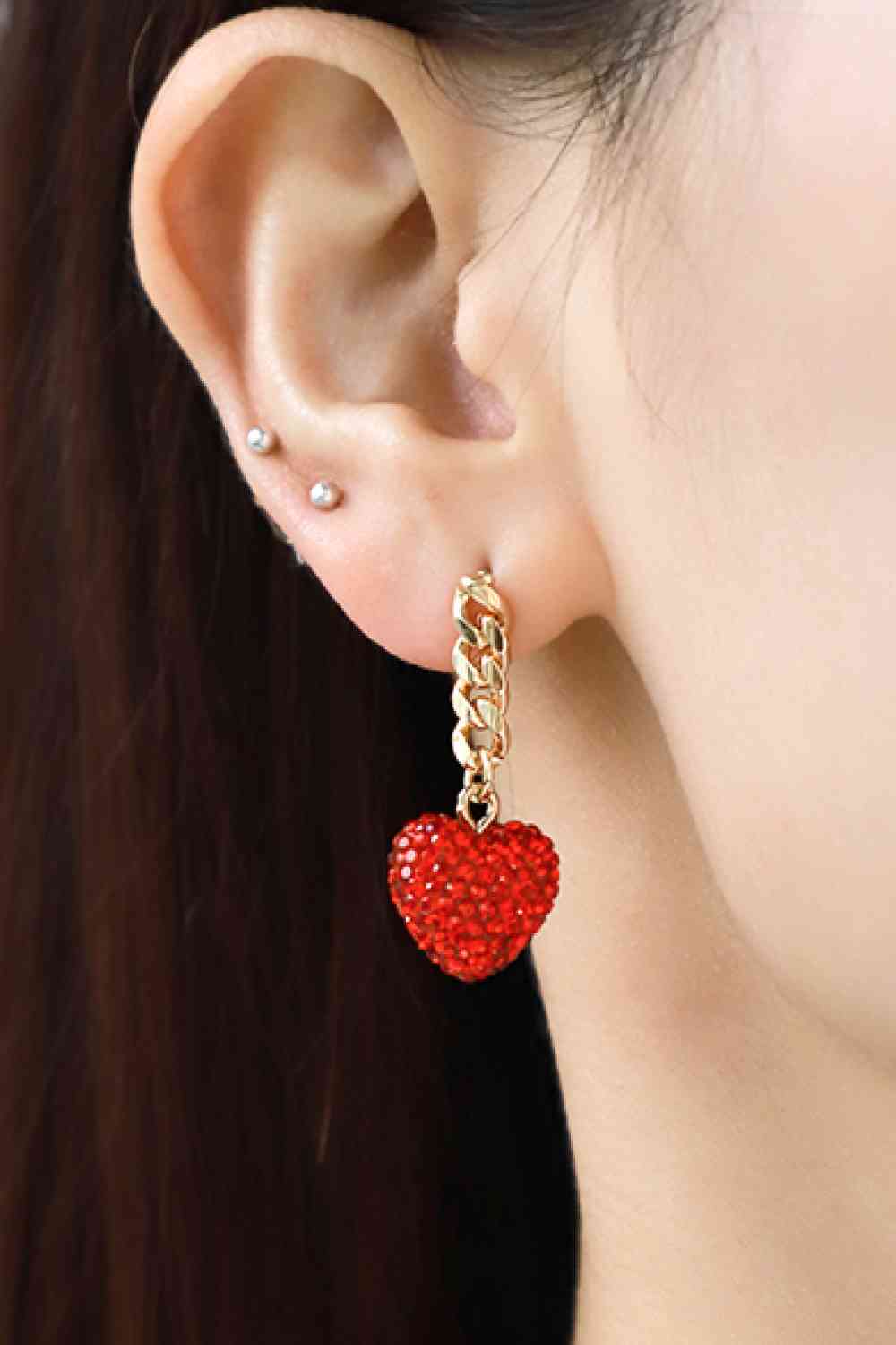 Boucles d'oreilles pendantes chaîne cœur strass