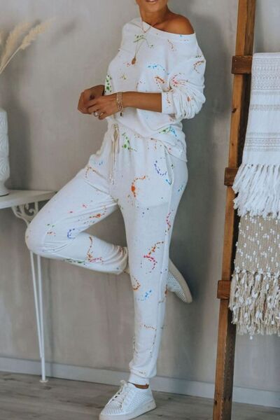 Conjunto de pantalón con cordón y top con cuello redondo y estampado de salpicaduras