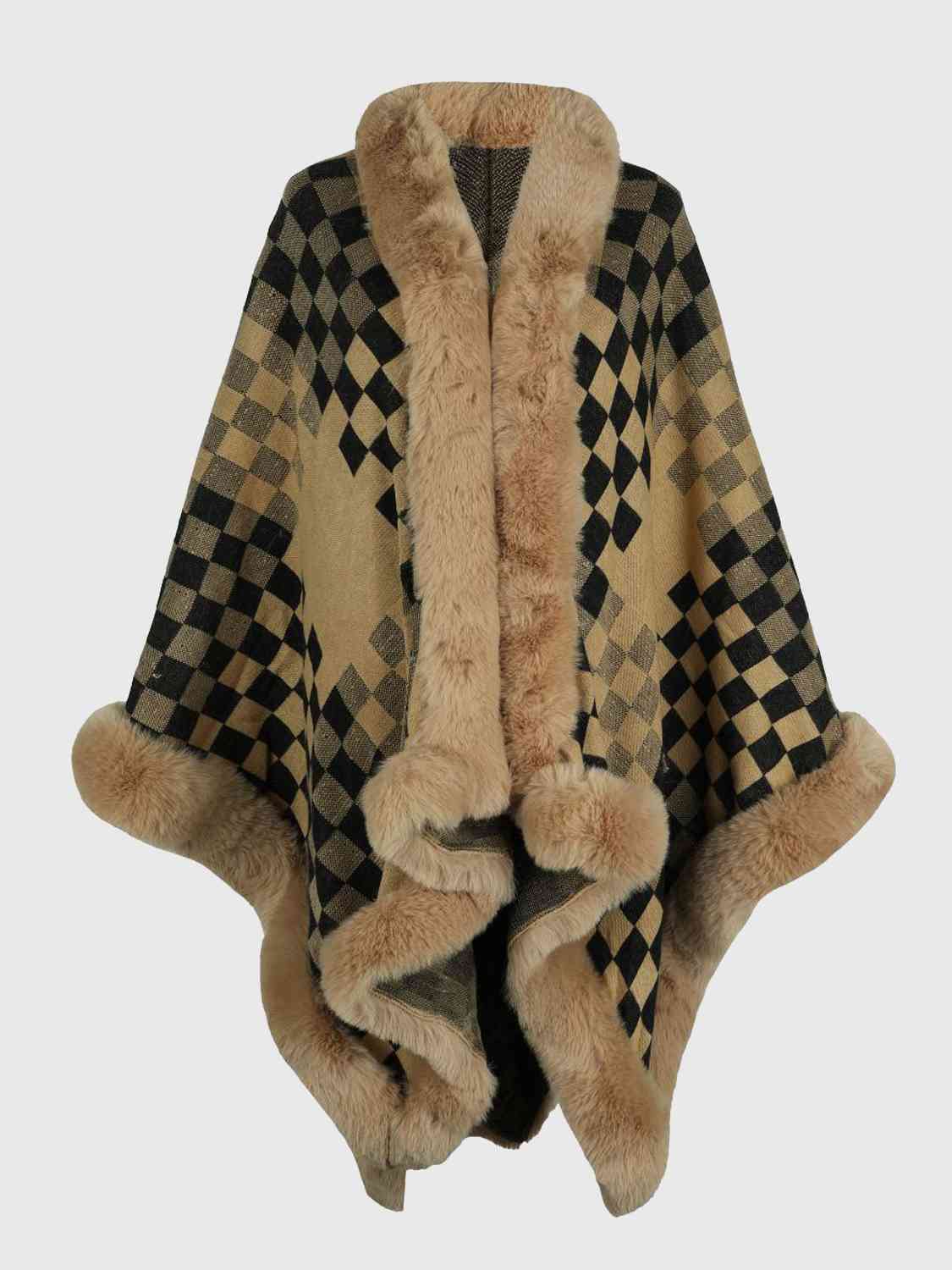 Poncho à carreaux avec bordure en fausse fourrure