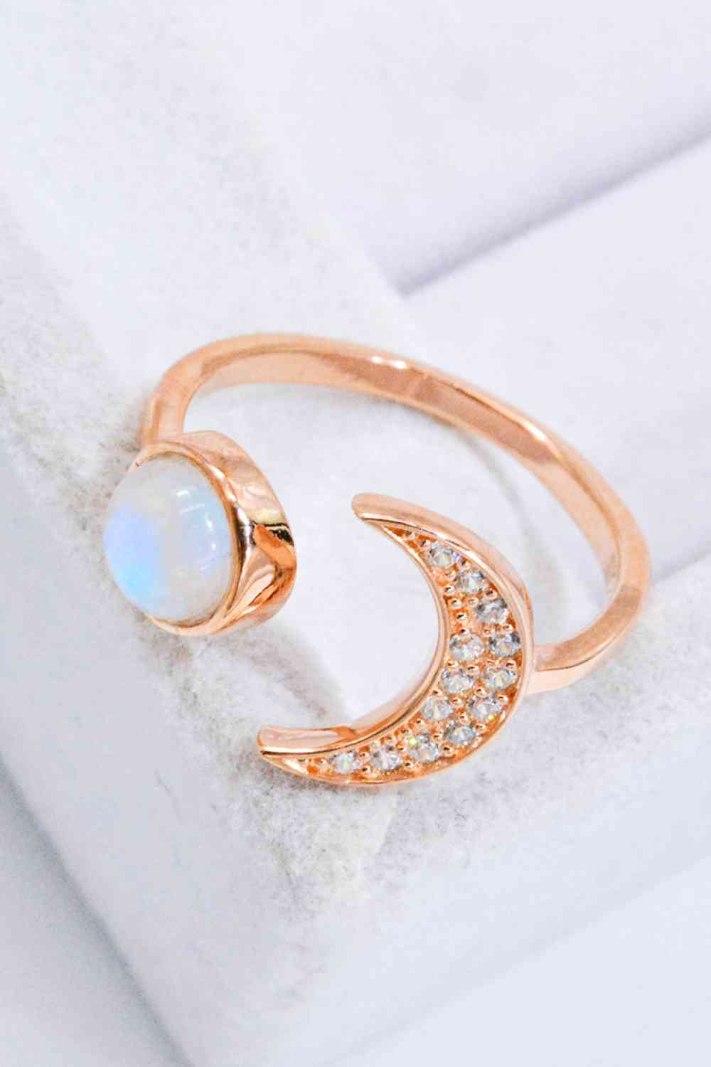 Bague Ouverte Pierre de Lune Naturelle et Zircon Soleil &amp; Lune