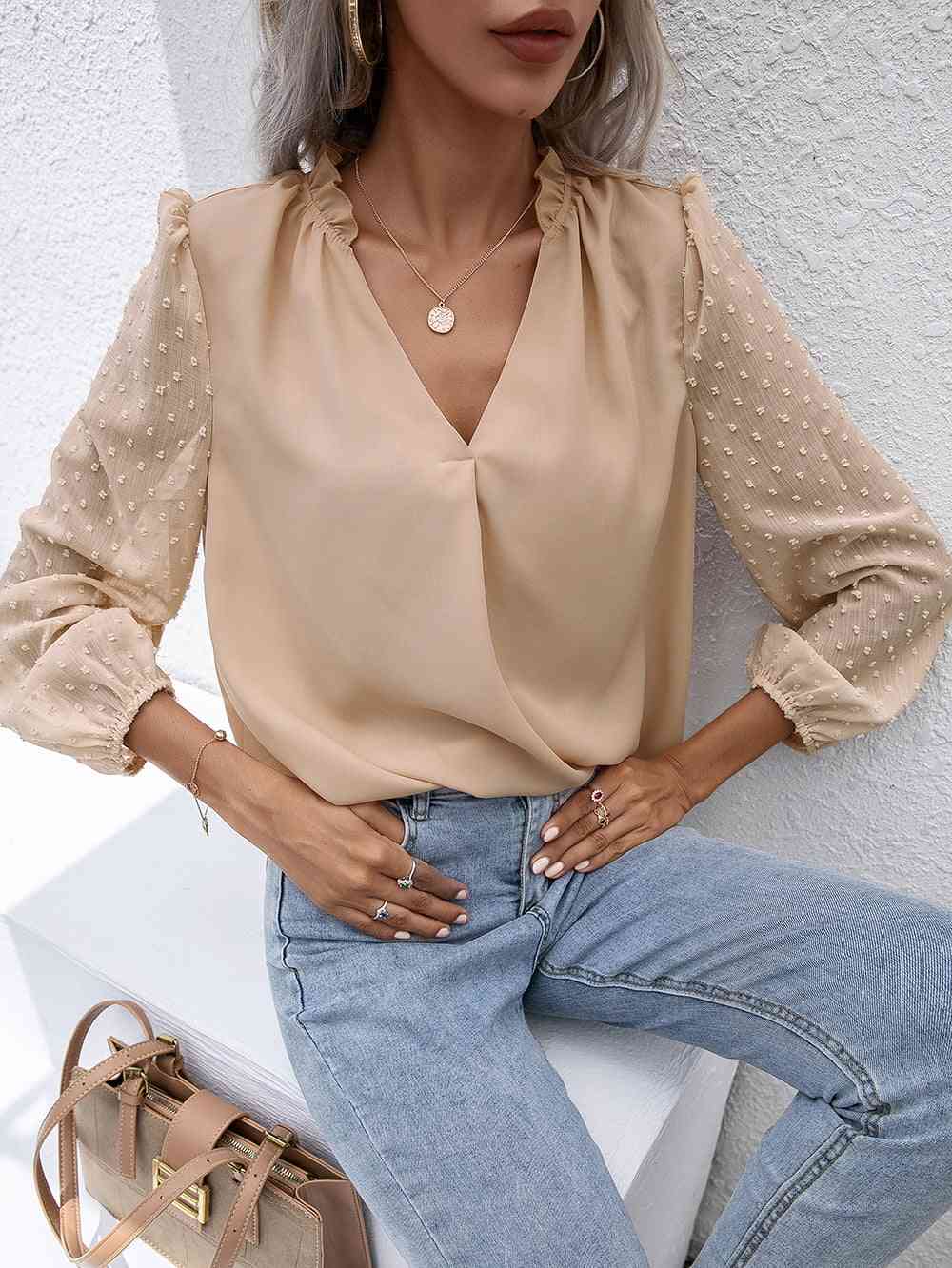 Swiss Dot Frill Trim Puff Sleeve Blouse