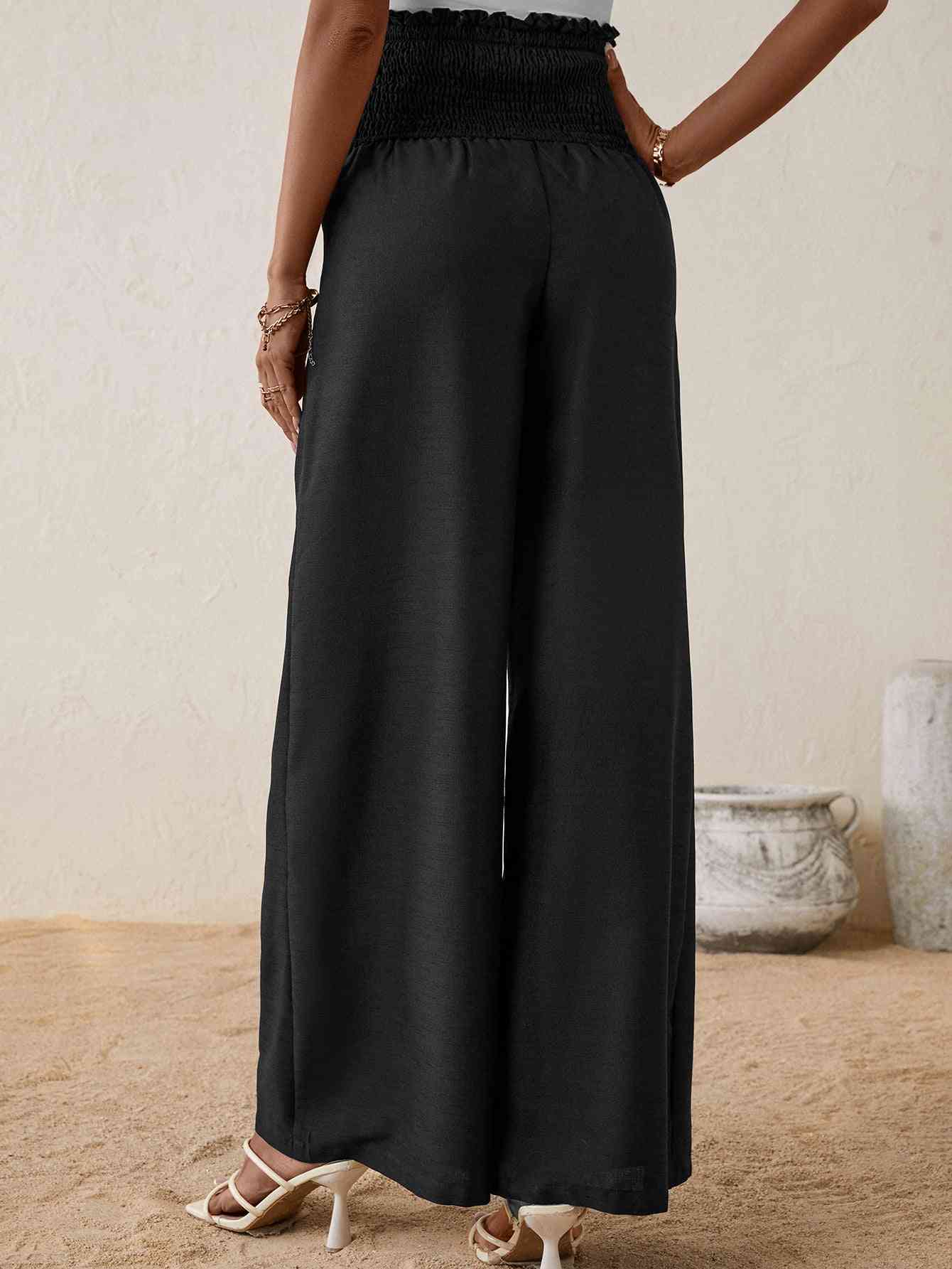 Pantalon Long Coupe Relax Boutonné à Taille Haute Smockée