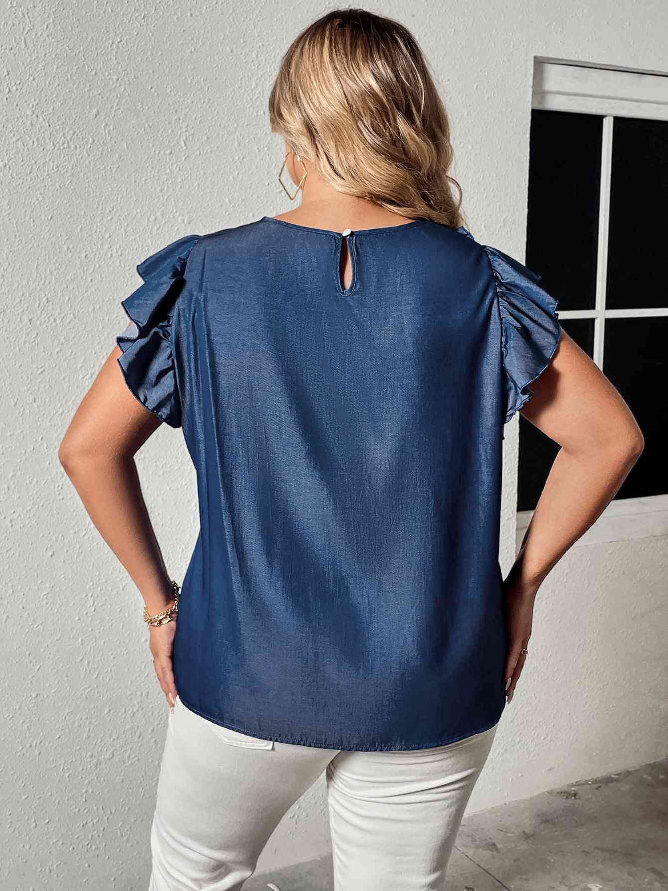 Blouse à Col Rond et Manches Volantes de Grande Taille