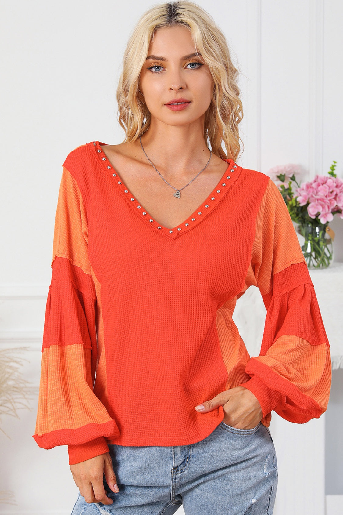 Color Block V-Neck Top Orange