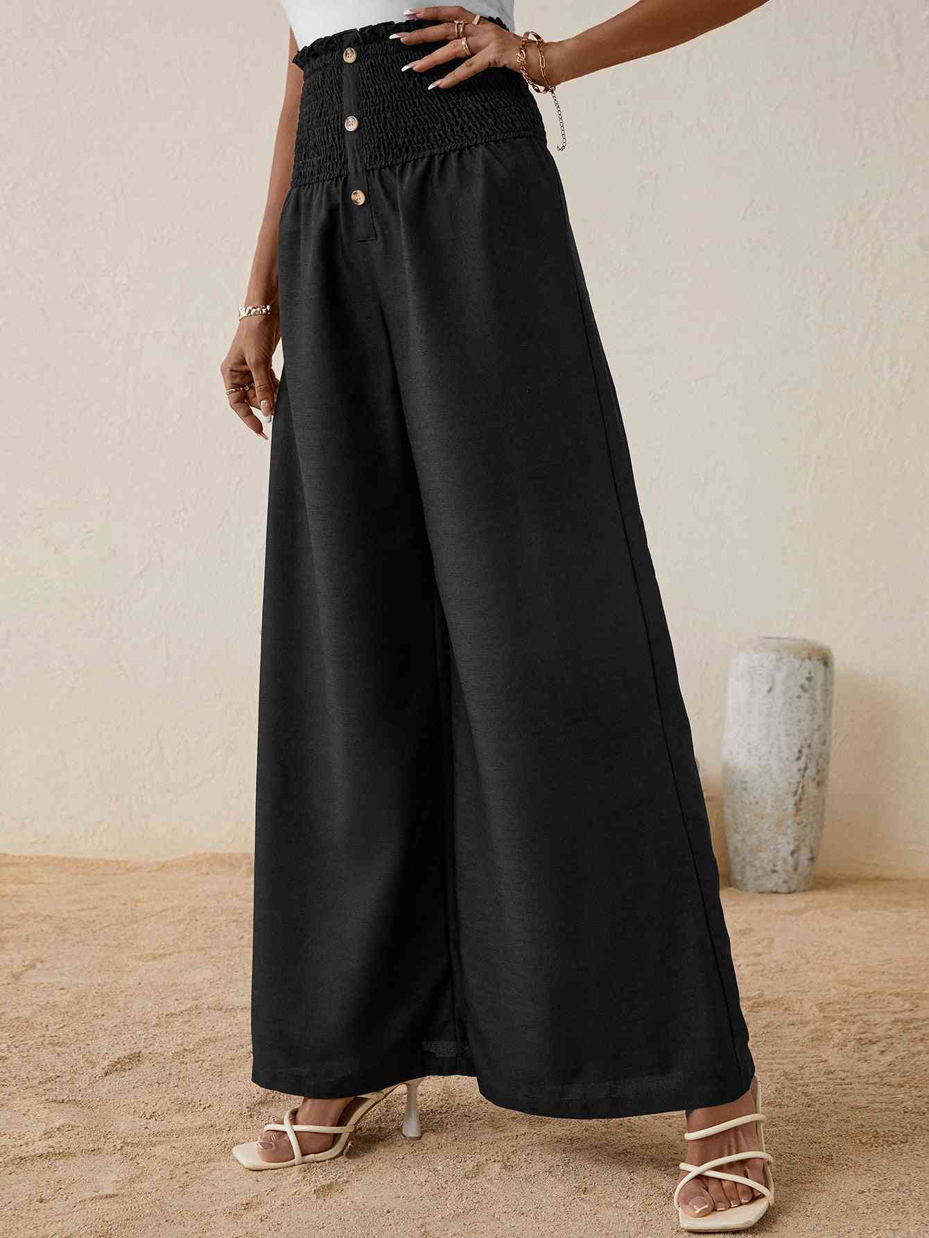 Pantalon Long Coupe Relax Boutonné à Taille Haute Smockée