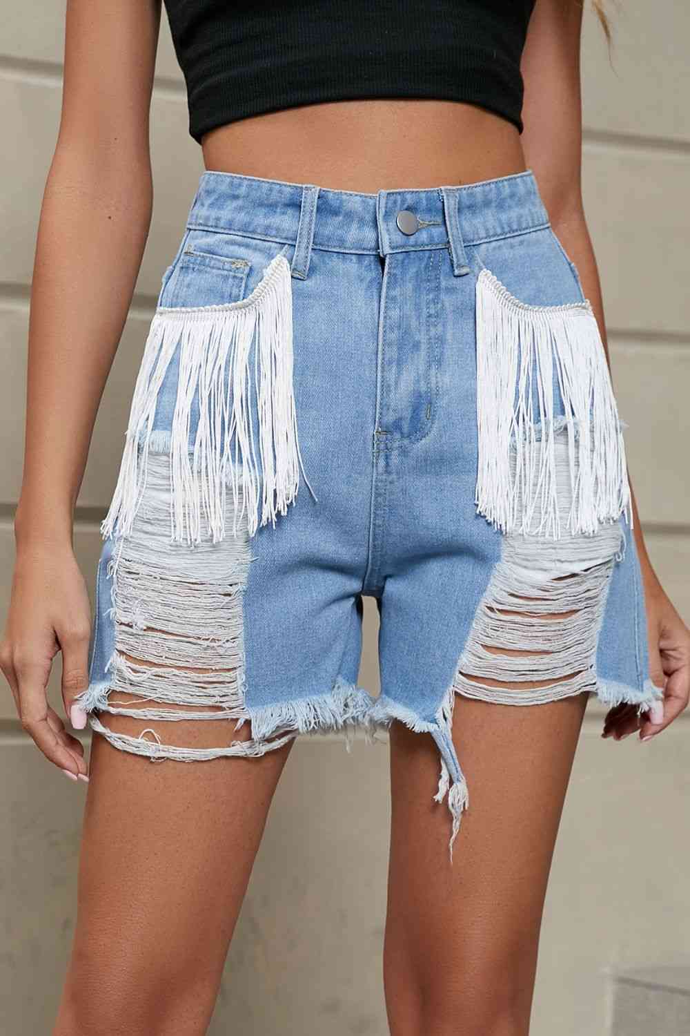 Fringe Trim Distressed Denim Shorts with Pockets