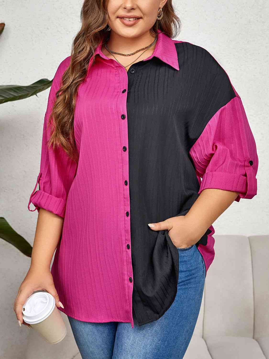 Chemise à Manches Roulées de Couleur Contrastée de Grande Taille