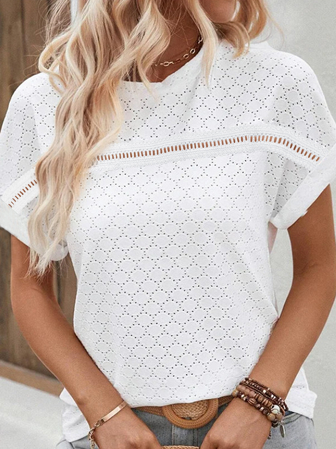 Eyelet Round Neck Short Sleeve Blouse